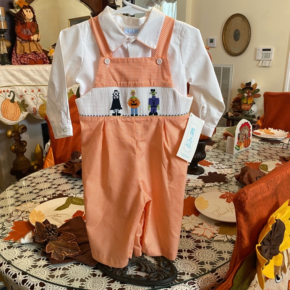 NWT Vive La Fete Smocked Infant Boys Halloween theme Longall size 12 months - Picture 2 of 16